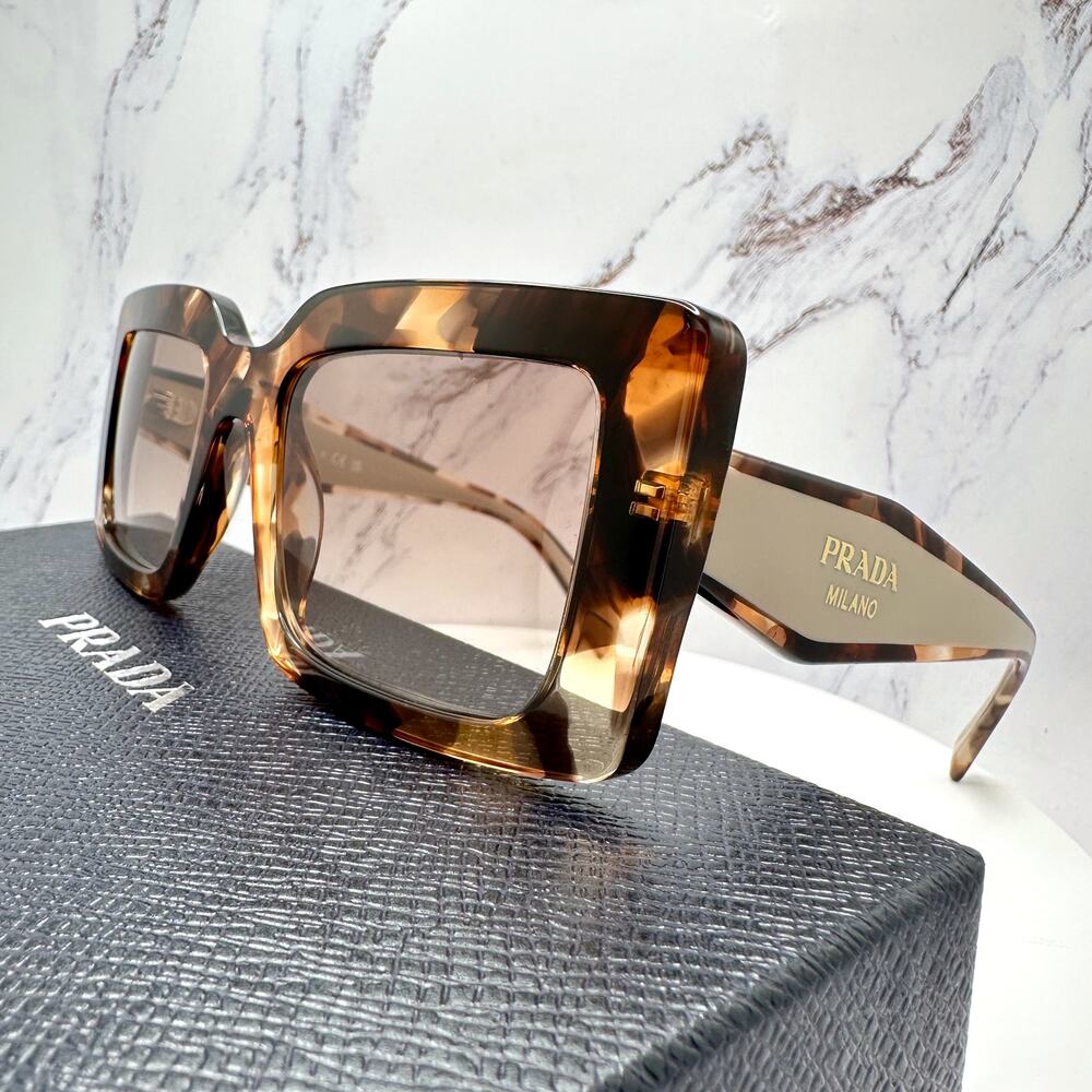 New PRADA Sunglasses Brown Beige Caramel Tortoise Gold Symbole Womens Rectangle - Picture 14 of 16